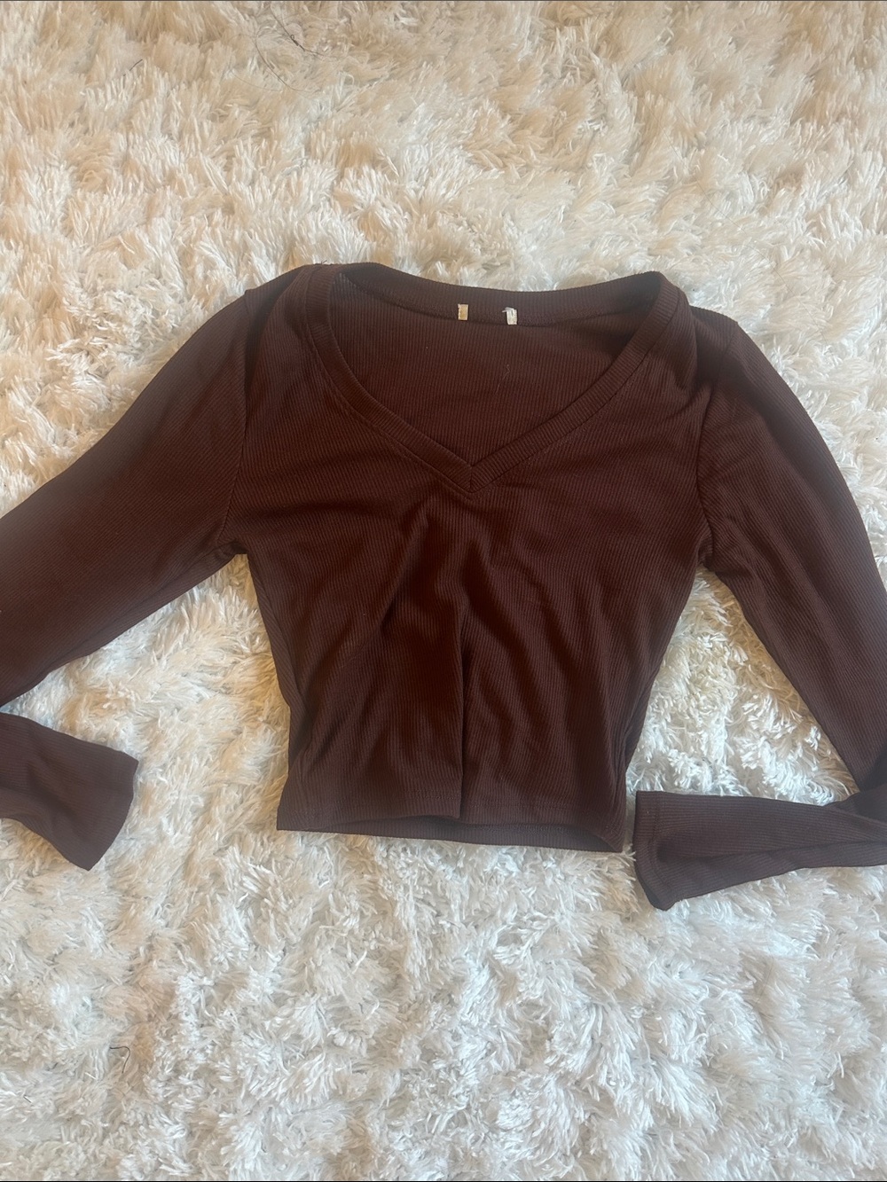 Long-Sleeve V-Neck Ribbed Crop Top - Brown